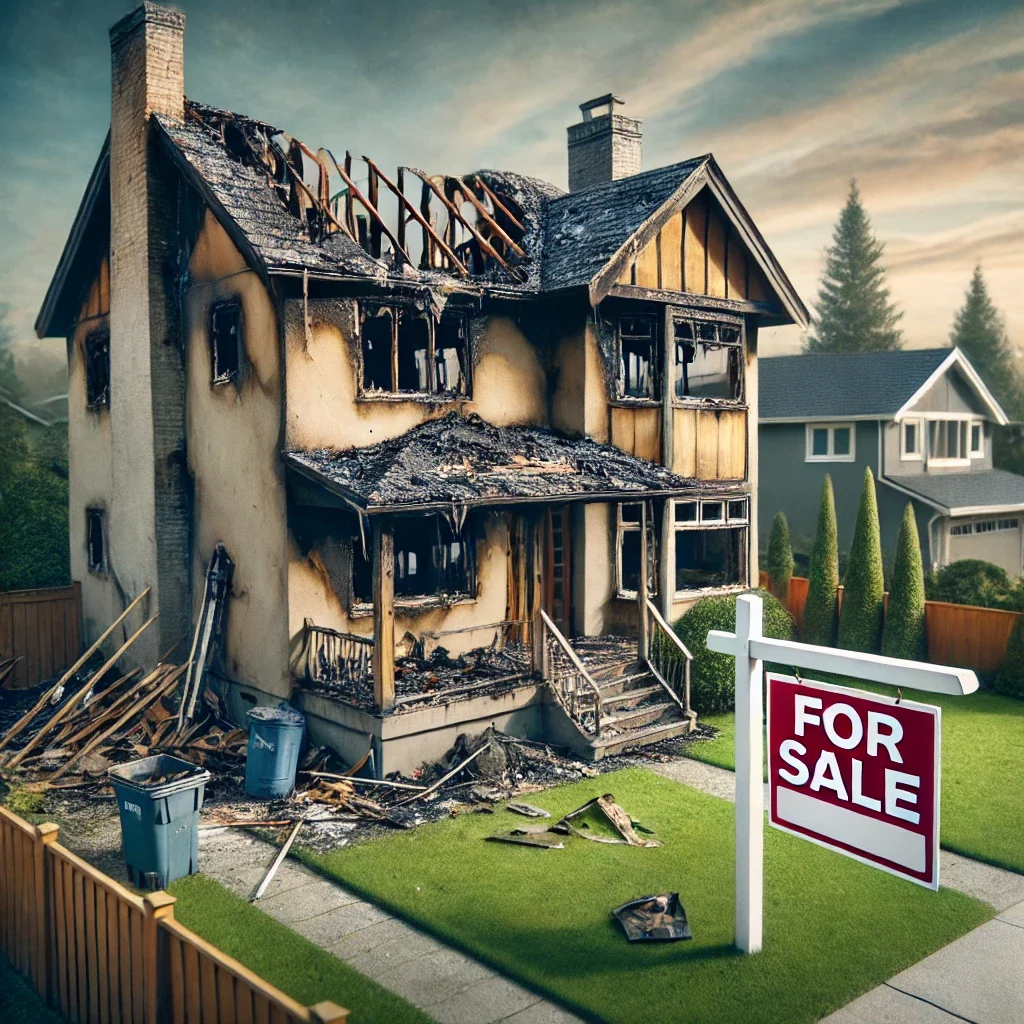 DALL·E-2024-09-19-21.17.47-A-fire-damaged-house-with-visible-exterior-damage-such-as-charred-walls-and-broken-windows-alongside-a-For-Sale-sign-in-the-front-yard.-The-image-s selling a fire-damaged house in winston salem tips