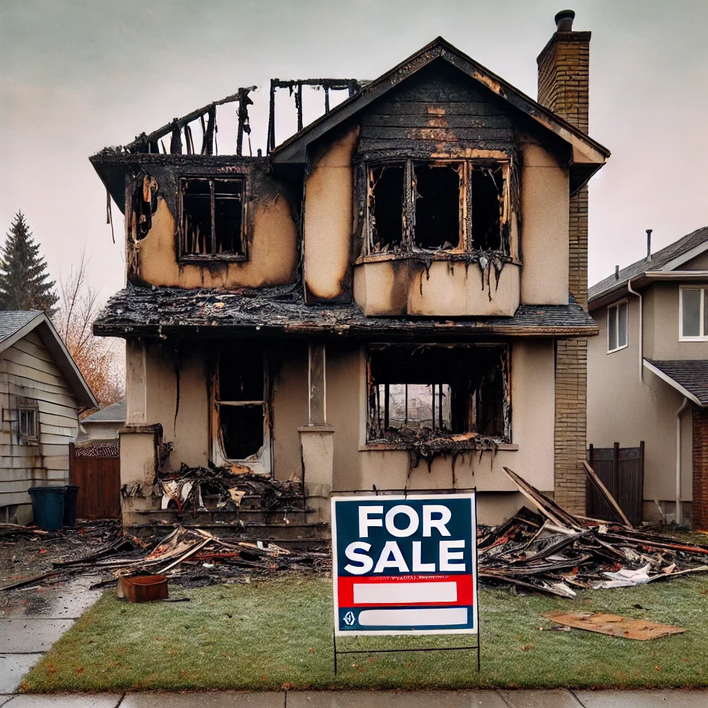 DALL·E-2024-09-19-21.22.33-A-partially-fire-damaged-house-with-the-front-of-the-property-showing-charred-walls-broken-windows-and-smoke-stains.-There-is-a-For-Sale-sign-pro selling a fire-damaged house in winston salem tips