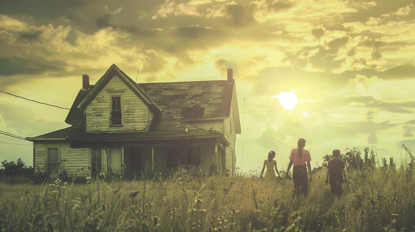 Children walking towards an old, weathered house at sunset, symbolizing the journey of home selling and the DIY approach discussed in real estate context.