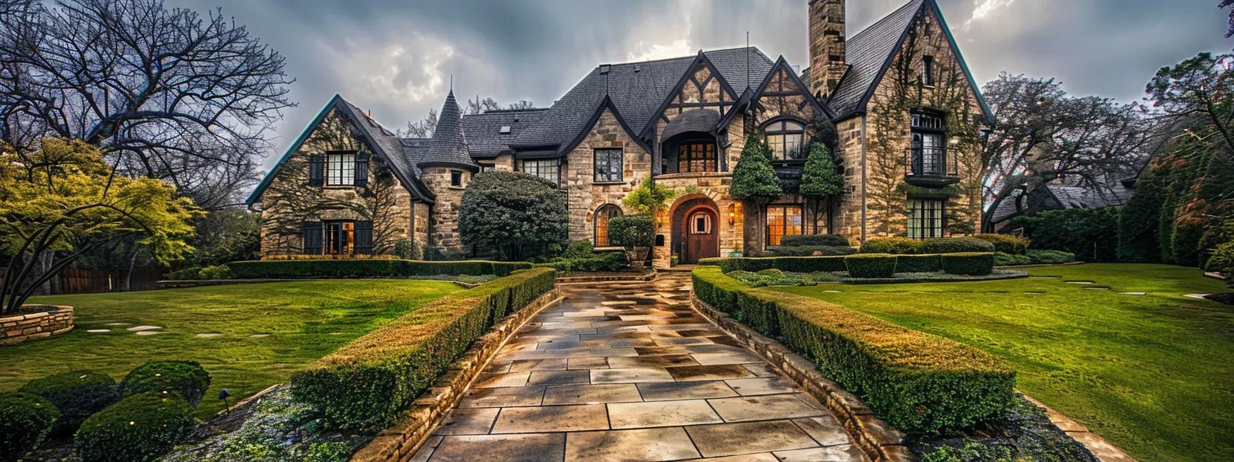 Elegant stone house with manicured lawns and hedges showcasing a welcoming entrance situated in a residential area reflecting the appeal of properties for cash buyers in Winston-Salem.