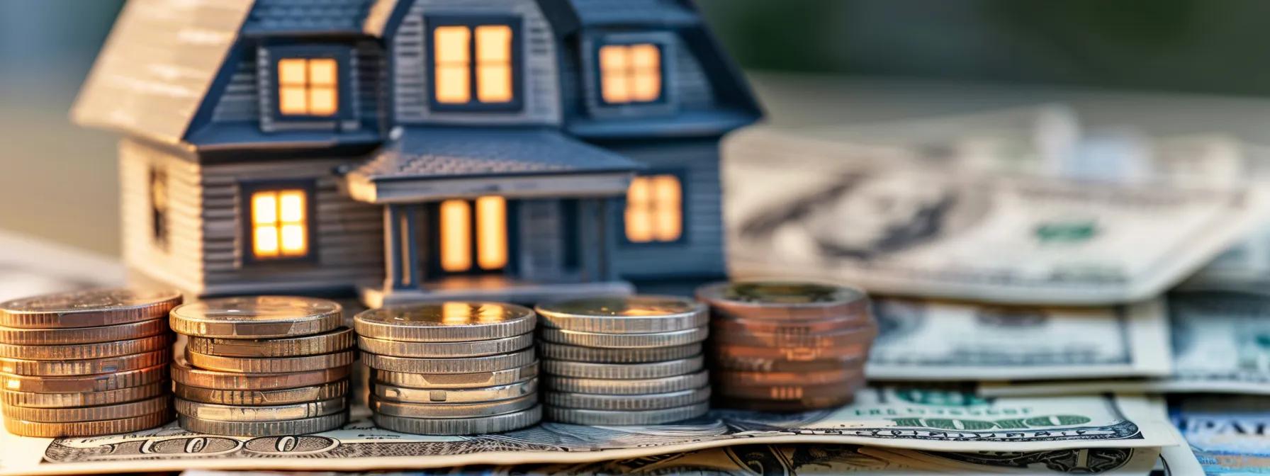Model house with illuminated windows surrounded by stacks of coins and dollar bills, symbolizing real estate investment and quick home sales in Winston Salem, NC.
