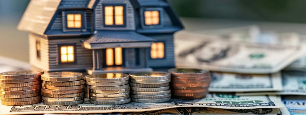 Model house with illuminated windows surrounded by stacked coins and dollar bills, symbolizing real estate investment and home selling in Winston Salem.