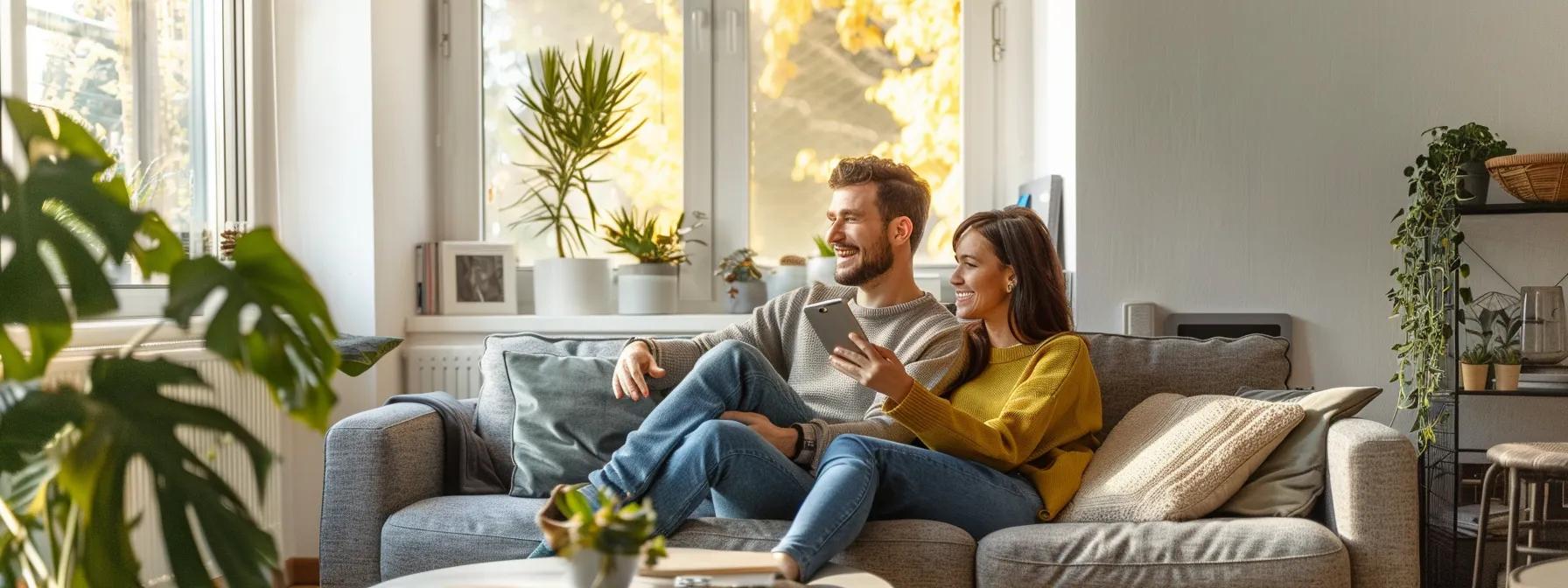 a bright, modern living room showcases cheerful homeowners discussing their fast-selling strategy, surrounded by sleek decor and strategic marketing materials, capturing their excitement and readiness for a quick home sale.