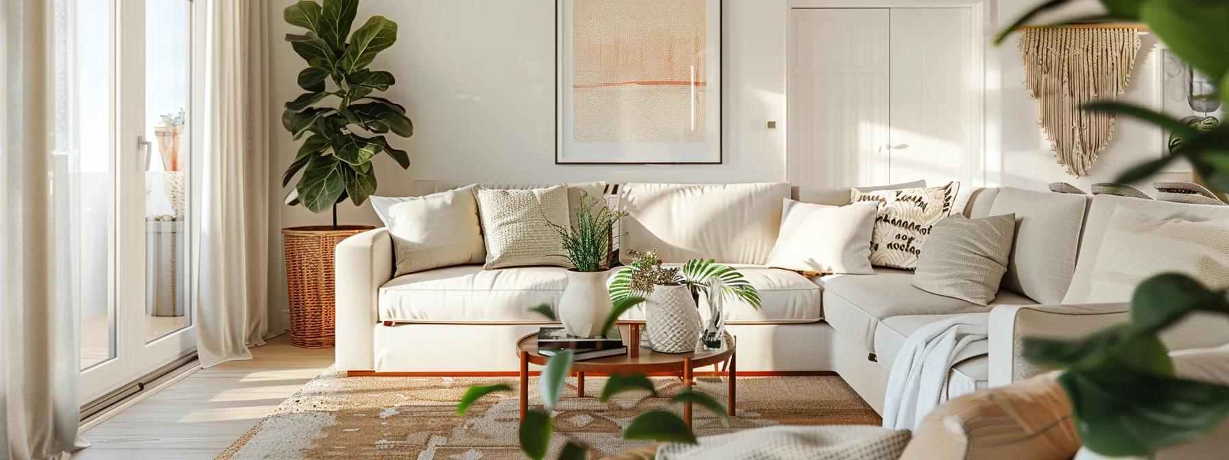 A bright, modern living room featuring enthusiastic homeowners discussing their home staging strategy with a top real estate agent, surrounded by strategically placed decor that highlights the space's appeal for a fast sale.