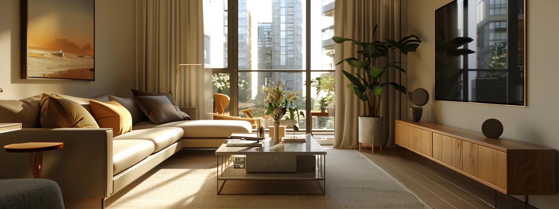a sleek, modern living room of a tenant-occupied apartment, elegantly staged with contemporary furnishings and soft lighting, showcasing the space through a virtual tour interface on a laptop screen, embodying effective marketing strategies in real estate.