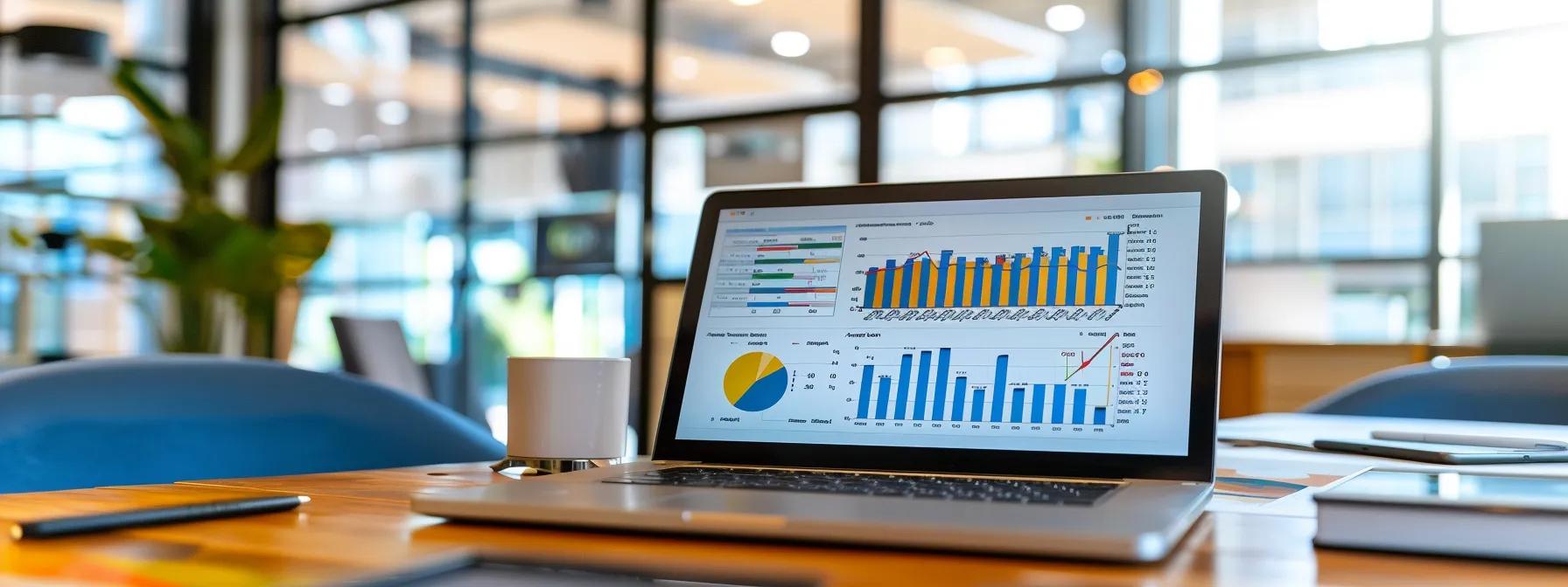 Modern office workspace with a laptop displaying colorful data charts and graphs, coffee cup, and notepad, emphasizing productivity and market analysis for real estate strategies.