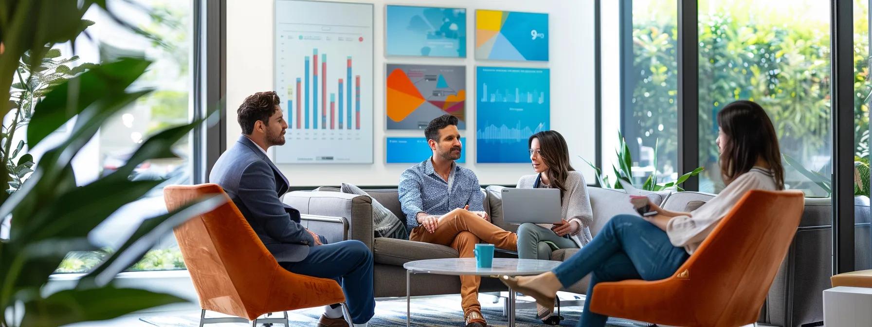Sell My House Fast in Winston Salem NC. A vibrant office setting features enthusiastic homeowners engaged in a dynamic conversation with a real estate agent, surrounded by charts and visual aids highlighting the fast house-selling process in winston salem.