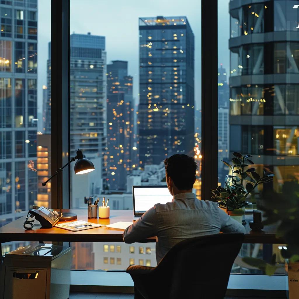 Concerned homeowner working at a desk with a laptop, overlooking a city skyline at dusk, symbolizing the stress of foreclosure in Winston Salem.