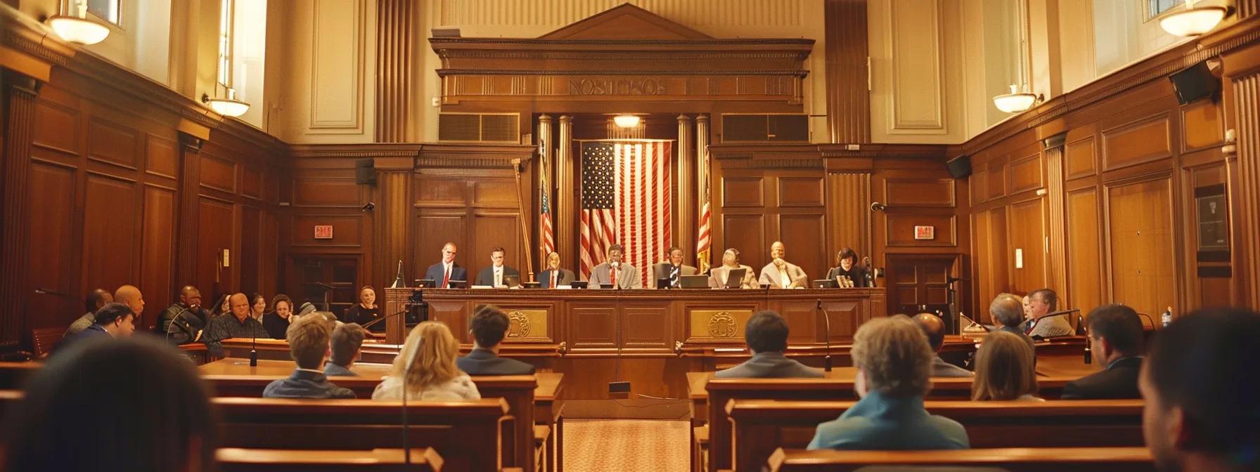 Courtroom scene with judges and legal professionals discussing foreclosure cases, featuring an American flag in the background, highlighting the judicial process relevant to homeowners in Winston Salem facing foreclosure challenges.