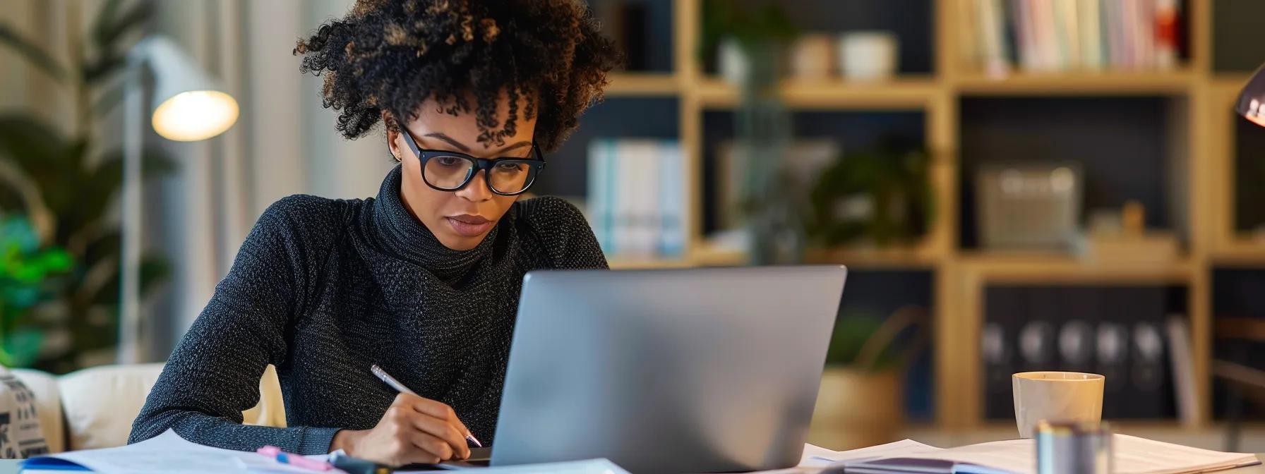 Focused individual working on a laptop, taking notes, in a home office setting, symbolizing proactive credit rebuilding strategies for homeowners facing foreclosure in Winston Salem.