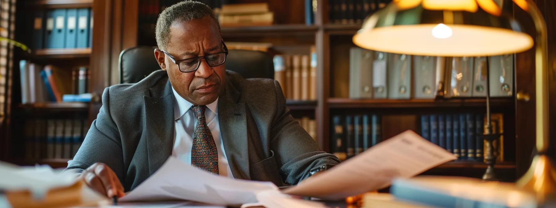 Focused attorney reviewing legal documents in a law office, emphasizing foreclosure assistance and legal expertise for homeowners in Winston Salem.