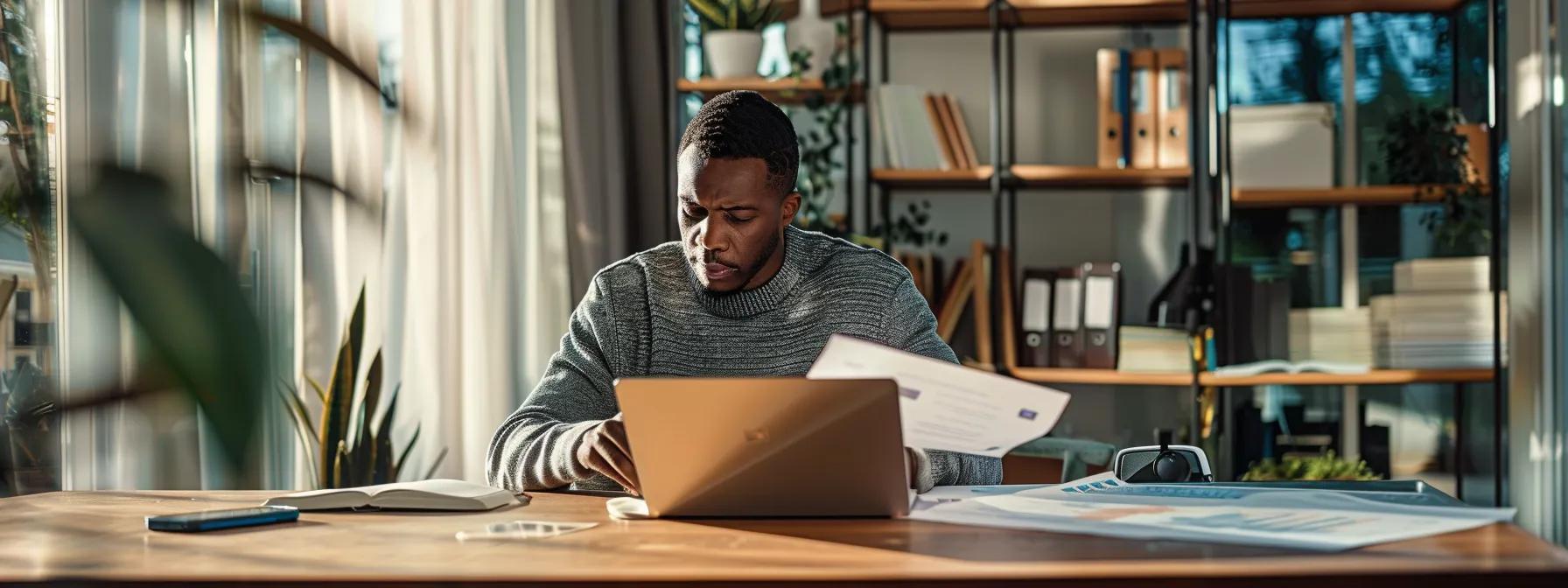 Person focused on laptop in a modern office setting with paperwork and a smartphone, reflecting themes of financial planning and credit rebuilding related to foreclosure assistance in Winston Salem.