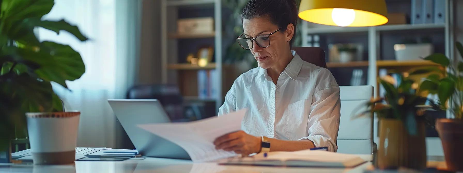Woman analyzing documents in a bright, organized home office with plants, emphasizing preparation for selling property without a realtor in Winston Salem.