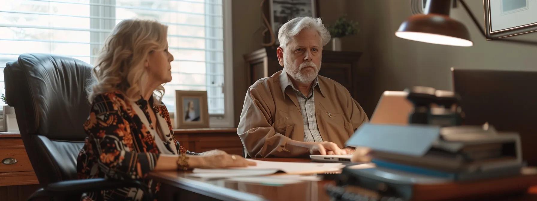 Two individuals in an office setting discussing financial documents, emphasizing foreclosure assistance and legal consultation strategies.