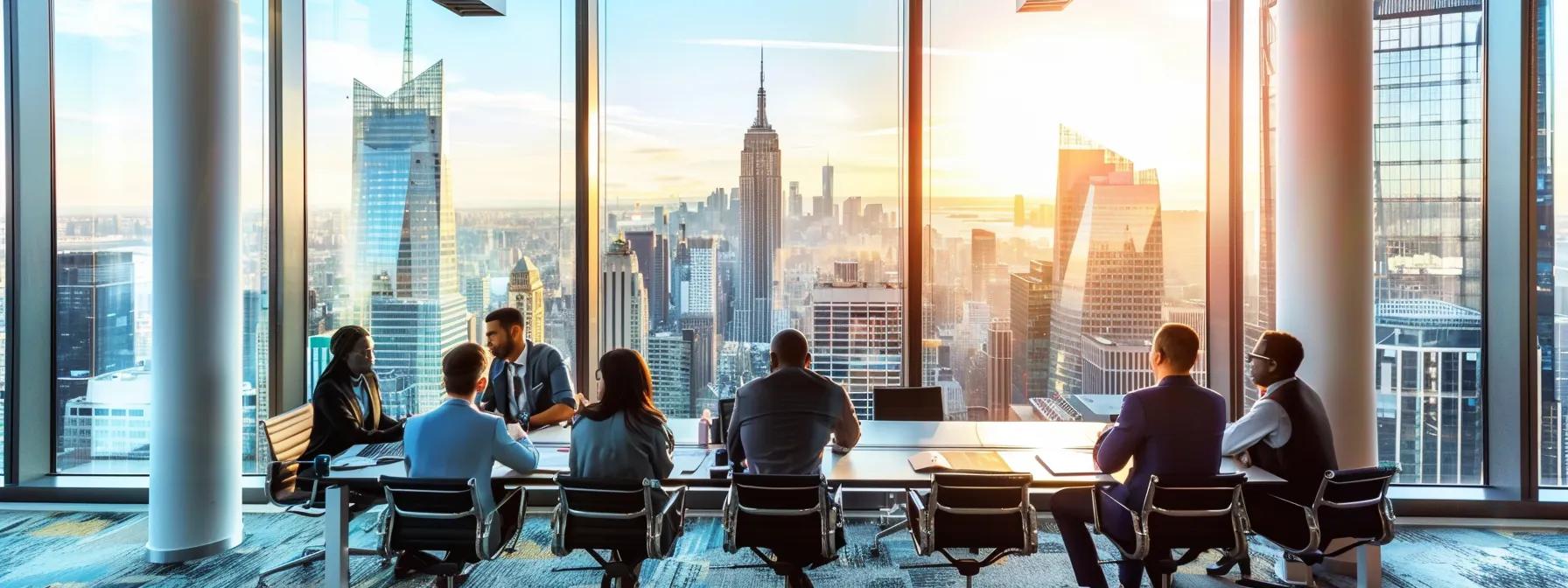 Office meeting with diverse professionals discussing strategies, city skyline view, and sunset in background, relevant to foreclosure assistance and financial guidance in Winston Salem.