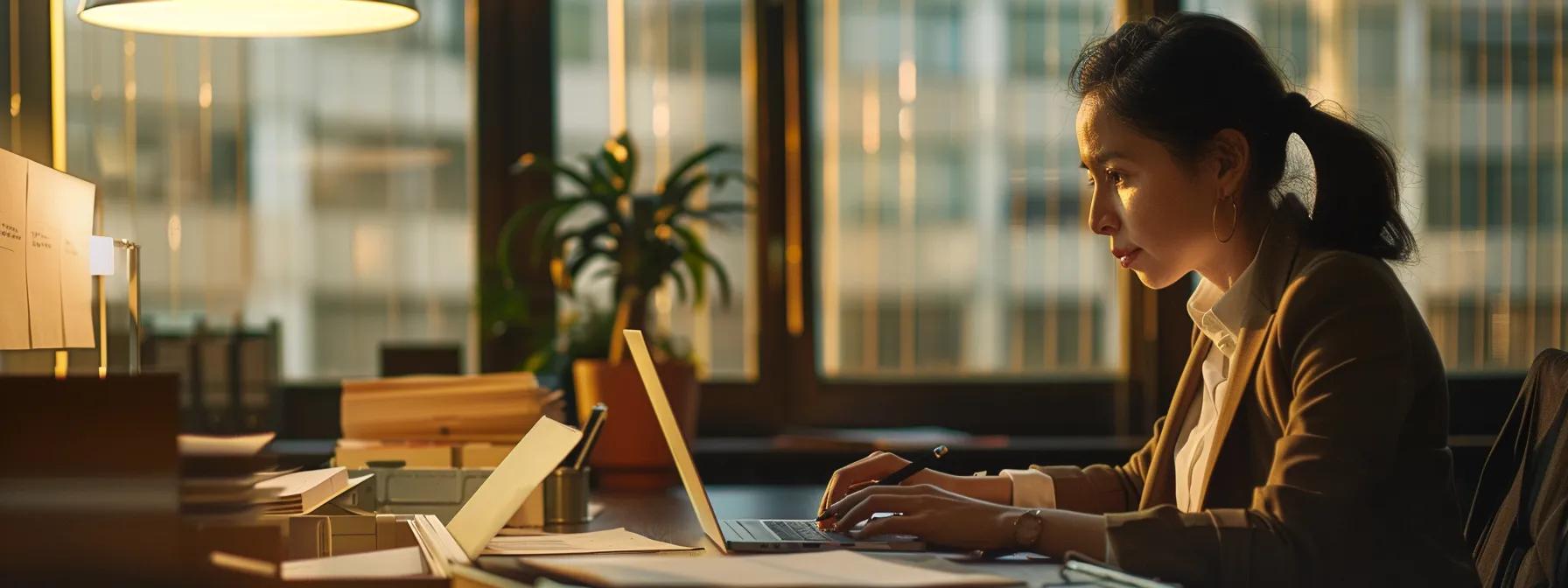 Woman working intently at a laptop in an urban office setting, surrounded by documents, emphasizing effective communication with lenders during foreclosure processes.
