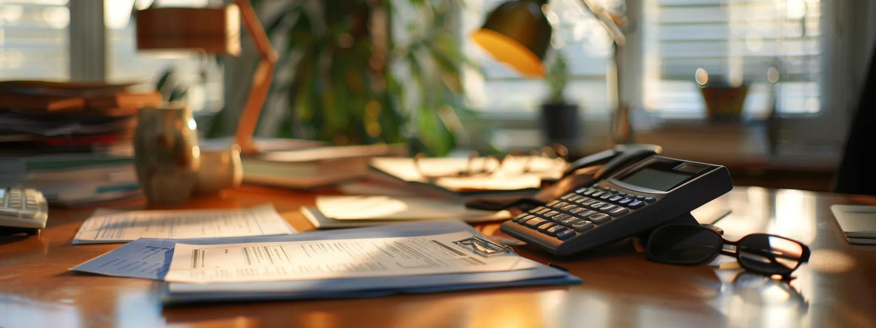 Organized office workspace with mortgage application documents calculator and desk lamp reflecting on resources for rent to own options in Winston-Salem.