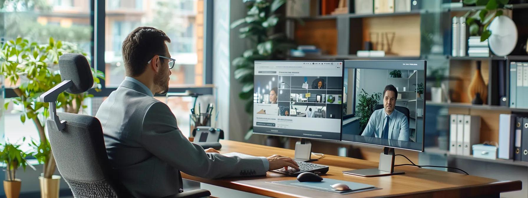 a modern office environment features a confident real estate agent seated at a sleek desk, engaged in a video call with a tenant, displaying a digital timeline of the home selling process on a large screen, emphasizing clear communication and collaboration.