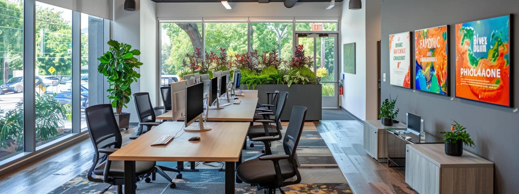 Modern office space with computers and ergonomic chairs featuring large windows, greenery and vibrant wall art highlighting a professional environment ideal for flexible rental arrangements in Winston-Salem.