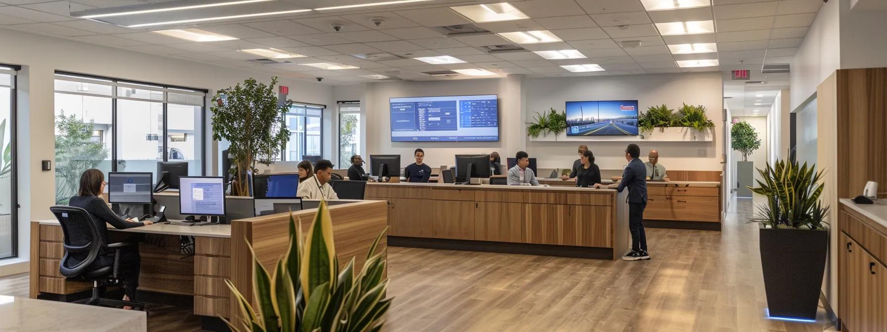 Modern real estate office interior with staff assisting clients, featuring large screens displaying information, greenery, and a welcoming atmosphere for cash home buying consultations.