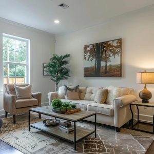 Modern living room with a light-colored sofa, armchair, decorative plants, and a coffee table featuring a plant centerpiece, reflecting stylish home design relevant to real estate insights in North Carolina.