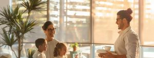 Family enjoying a cozy moment in a modern home, with a man serving drinks to a woman and two children, highlighting the warmth of family life in a real estate context.