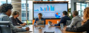 Group of professionals in a meeting room discussing real estate strategies, with a presentation screen displaying graphs and charts related to market insights.