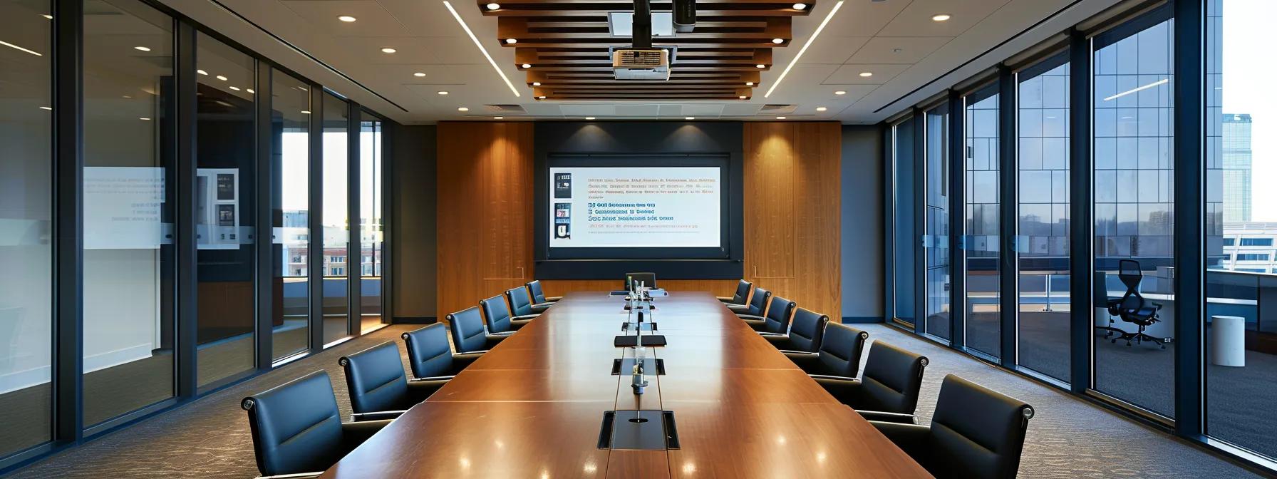 Modern conference room with a long wooden table, black leather chairs, large windows showcasing a city view, and a projector screen displaying information, relevant to discussions on North Carolina property rights and squatter laws.
