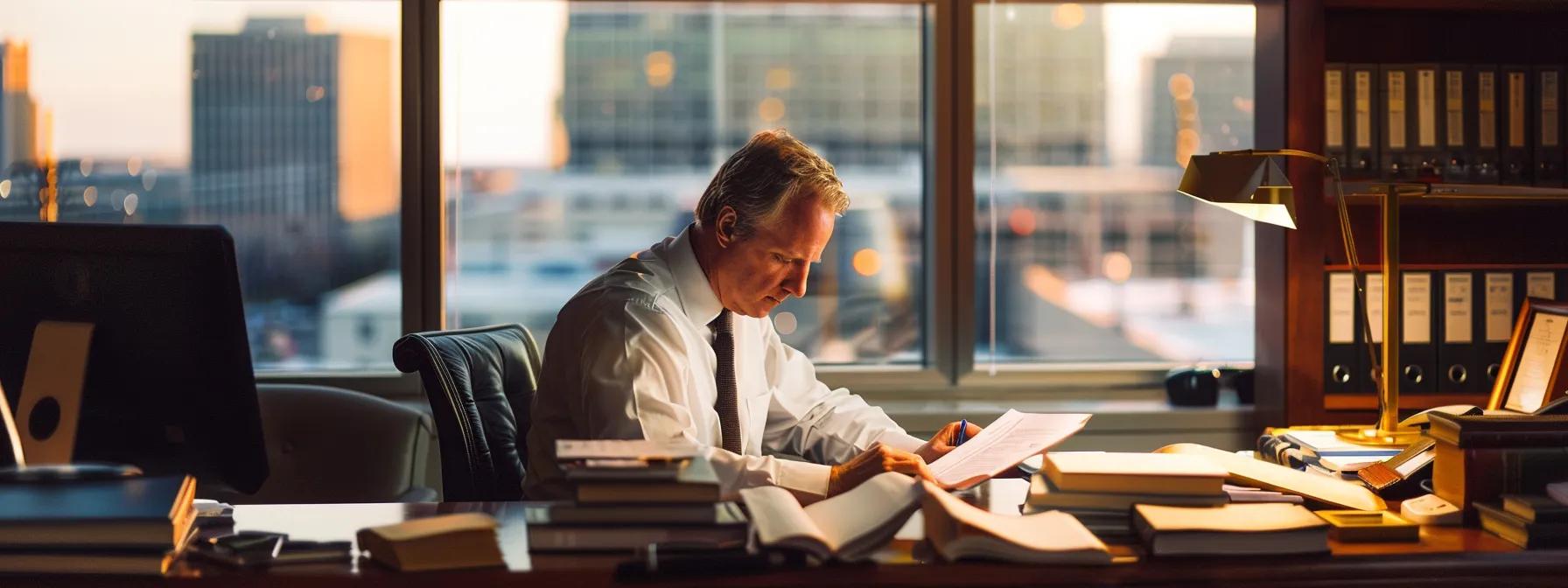 Professional man reviewing legal documents in a modern office setting, emphasizing foreclosure legal processes and financial guidance in Winston Salem.