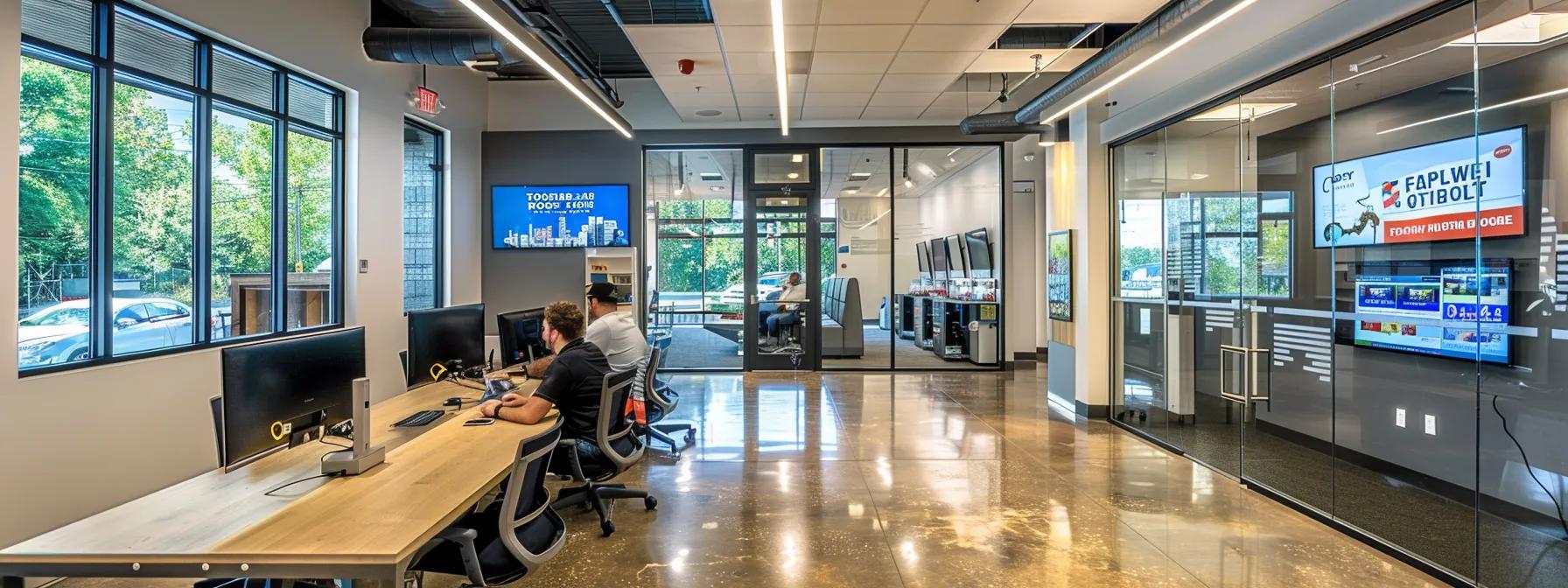 Modern office interior with sleek design large windows, and multiple workstations featuring two individuals at computers and a digital display showing property-related information, relevant to cash home buyers in Winston-Salem.