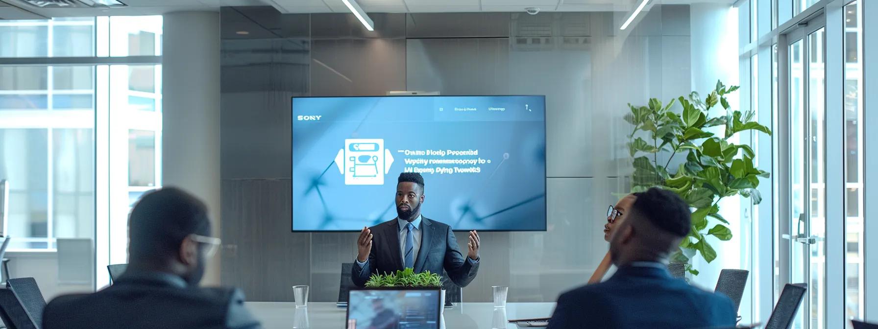 Business meeting in a modern office with a presenter gesturing and explaining why a house won’t sell in Winston Salem.