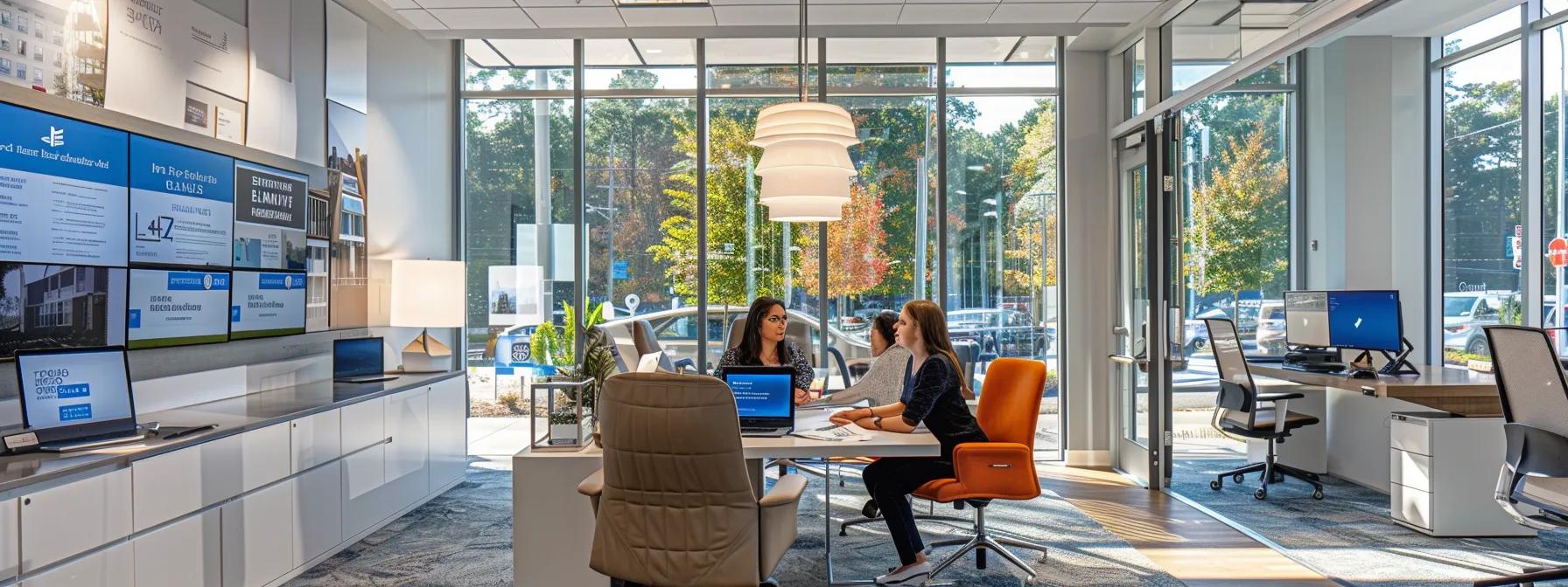 Modern real estate office interior with two women discussing real estate at a table.