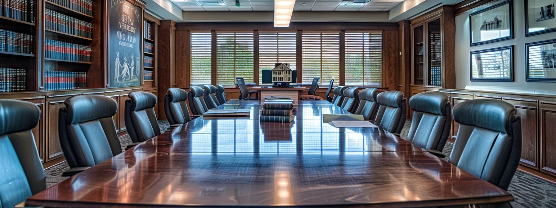 Modern law office interior featuring a long conference table leather chairs bookshelves filled with legal texts and a model house reflecting themes of property rights and legal discussions relevant to North Carolina squatter laws.