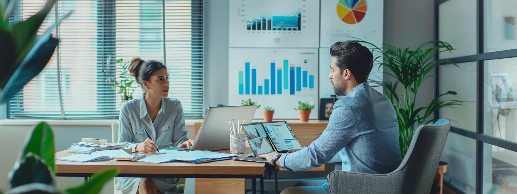 Professional consultation in a modern office, featuring a man and woman discussing financial strategies, with charts and graphs on the wall related to credit and foreclosure.
