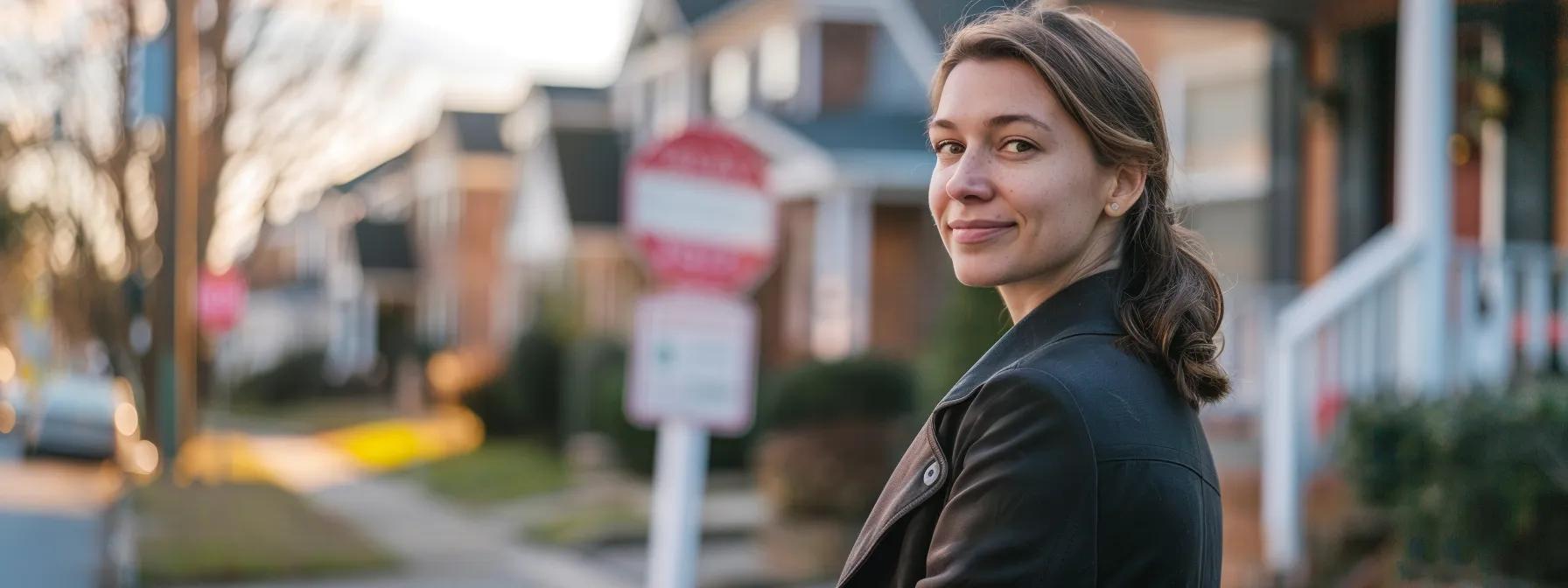 Smiling woman in a leather jacket standing on a residential street in Winston Salem with houses and a stop sign in the background reflecting the challenges of selling homes quickly.