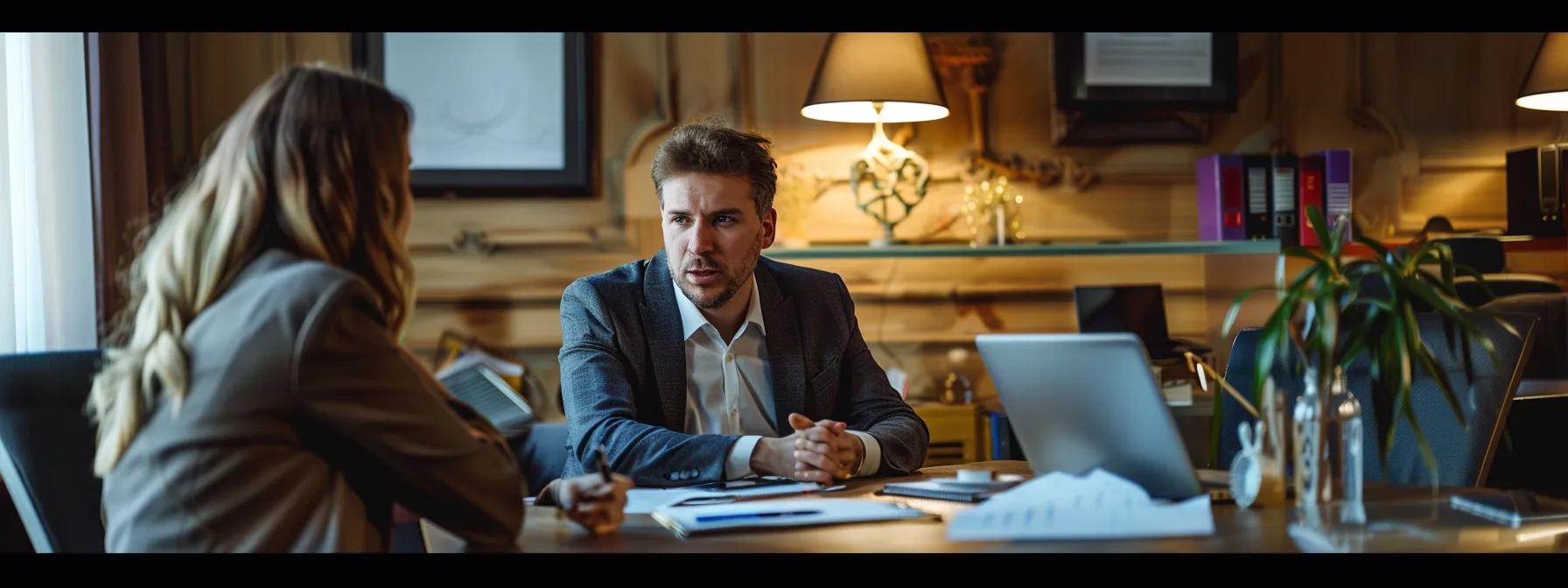 Professional consultation in an office setting, featuring a man in a suit discussing foreclosure options with a woman, emphasizing legal strategies and financial assistance for homeowners facing foreclosure in Winston Salem NC.