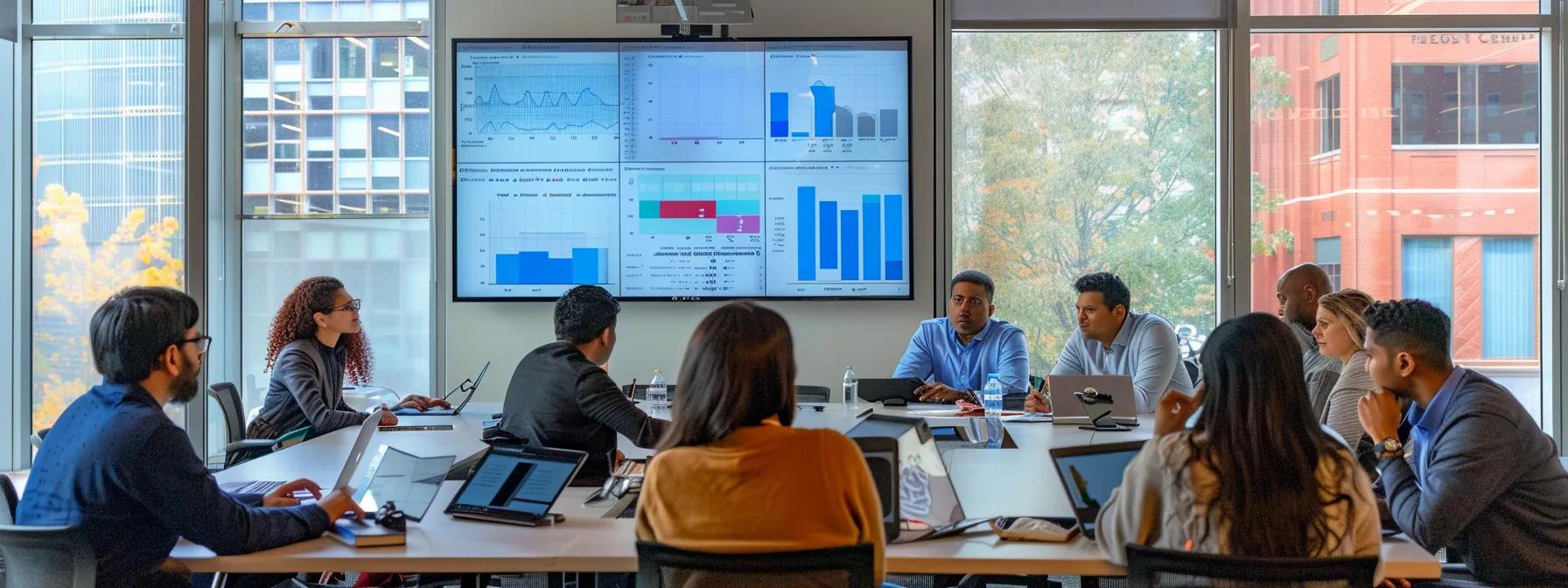 Diverse group of professionals in a modern office meeting discussing data analytics displayed on large screens emphasizing collaborative decision-making and strategic rent to own planning.