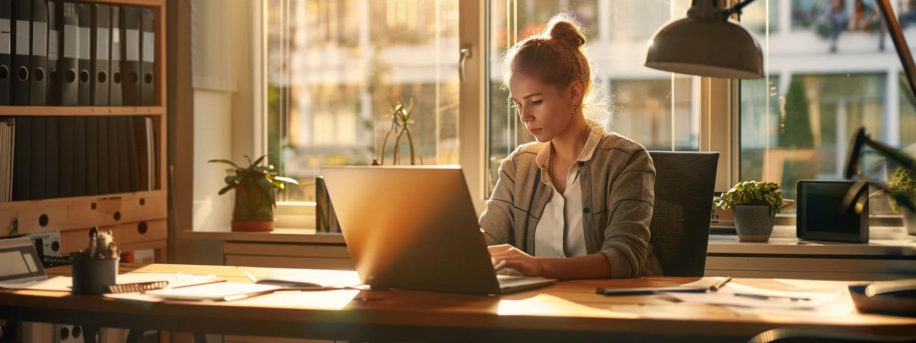 Young woman working on a laptop in a sunlit office surrounded by file folders and indoor plants working  on a report about North Carolina squatter laws.