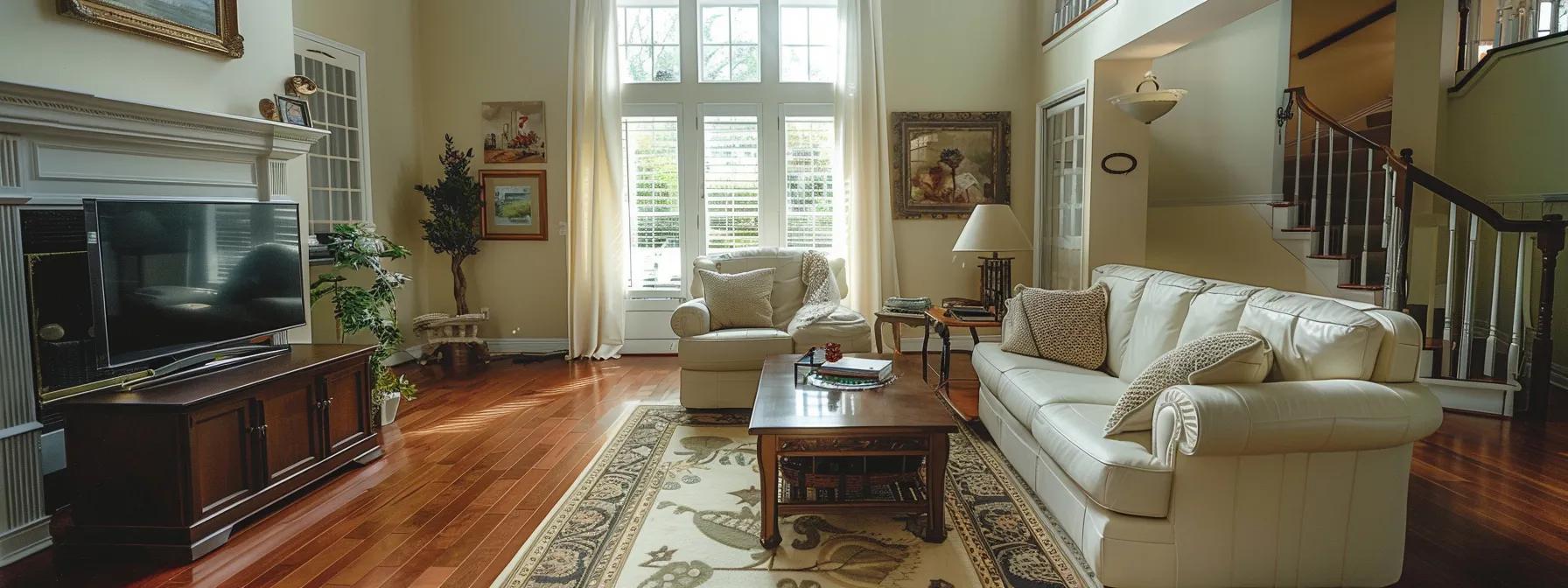Bright living room with hardwood floors white leather sofas and decorative pillows