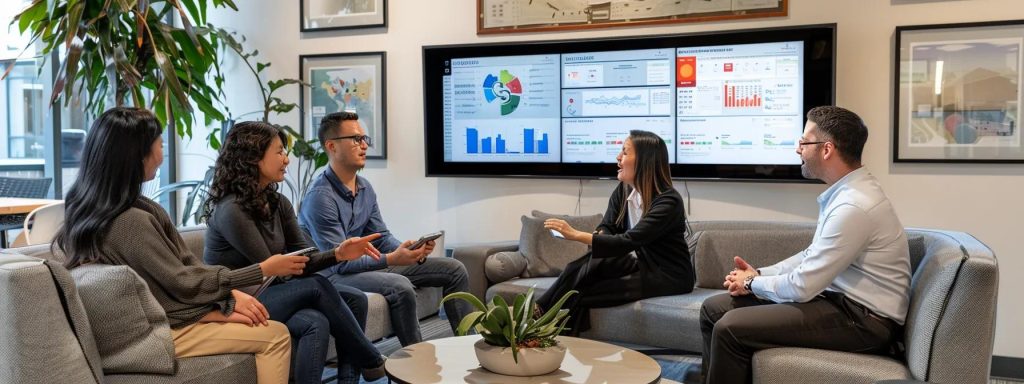 Group of professionals discussing real estate market trends in a modern office setting, with data visualizations displayed on a screen, highlighting insights relevant to home selling strategies in Winston Salem.