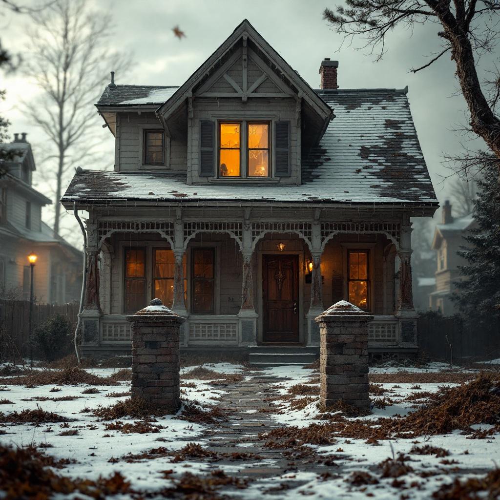 Victorian-style house with warm lights in windows, surrounded by snow and autumn leaves, symbolizing hope for homeowners facing foreclosure in Winston-Salem.