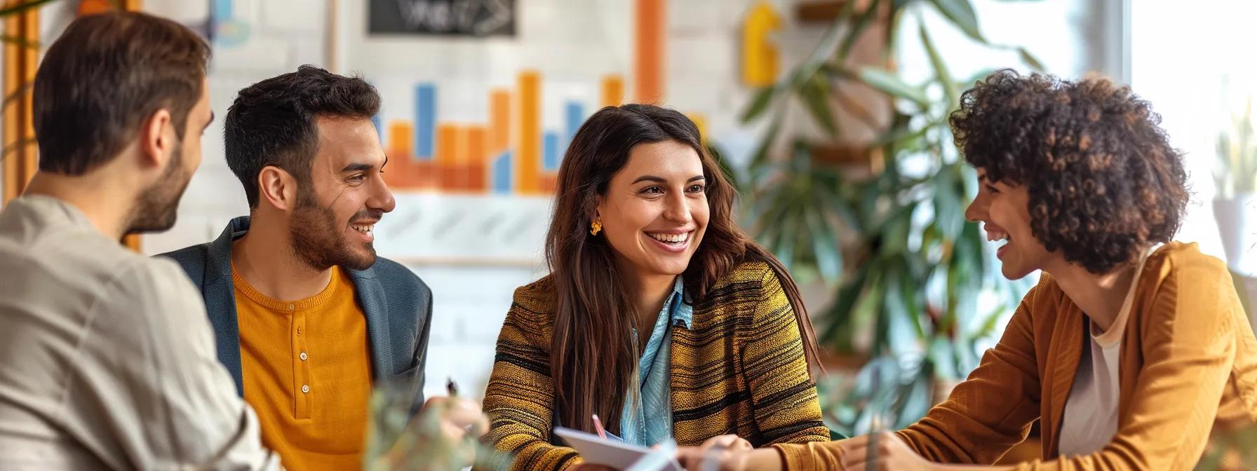 Group of four diverse individuals discussing property valuation strategies in a bright, modern office setting, with charts and graphs visible in the background, emphasizing collaboration in real estate.