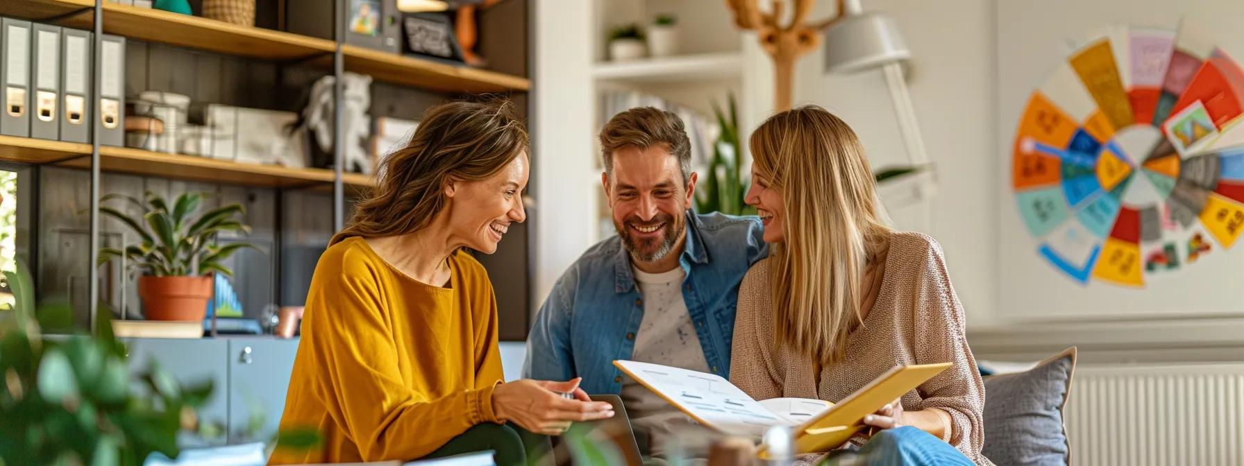 Three people discussing home selling strategies in a cozy living room, surrounded by plants and bookshelves, with a colorful chart on the wall related to real estate market trends.