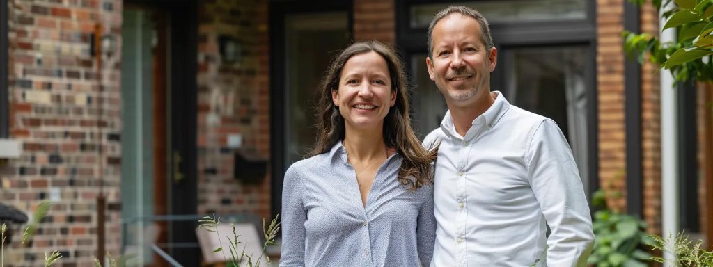 a cheerful couple stands confidently in front of a meticulously staged home, exuding enthusiasm as they discuss pricing strategies against the backdrop of a stylish urban neighborhood, embodying the excitement of a quick home sale.