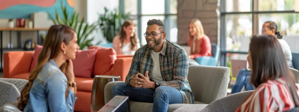People engaging in conversation in a modern, inviting lounge setting, reflecting community and connection, relevant to Winston Salem's real estate market discussions.