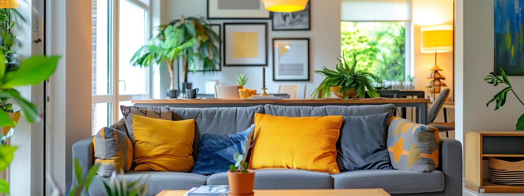 Cozy living room with a gray sofa adorned with colorful cushions, indoor plants, and stylish decor, emphasizing home staging for increased buyer interest in Winston Salem real estate.