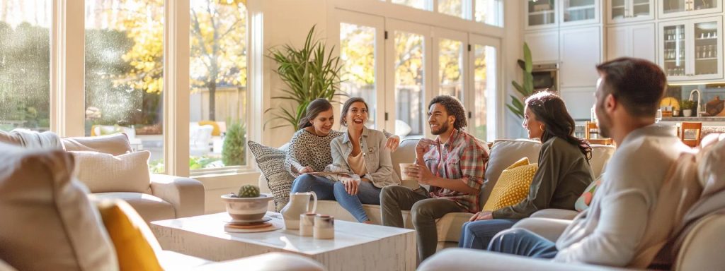 Group of friends enjoying a conversation in a cozy living room, surrounded by natural light, emphasizing community and connection in home selling experiences.