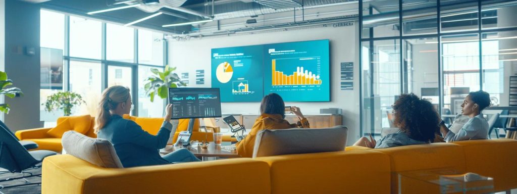 Group of diverse individuals in a modern office setting analyzing data on screens, discussing strategies for effective home selling in Winston Salem.