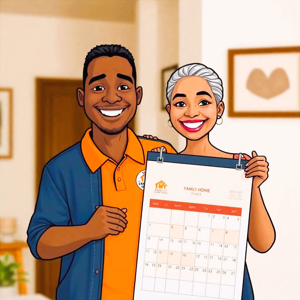 somalian-cartoon-couple-holding-calendar-0d491850.3 2 Amran Property Investments employees showing a calendar for homeowners selling property to cash buyers