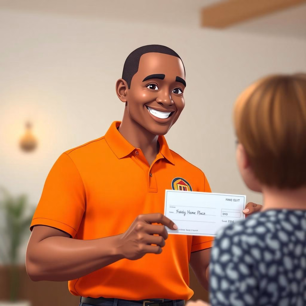 Amran Property Investments Employee smiling and handing a check to a homeowner after purchasing a house at closing